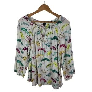 Talbots Floral Tie Neck Popover Blouse Large Multicolor Lightweight Boho Peasant